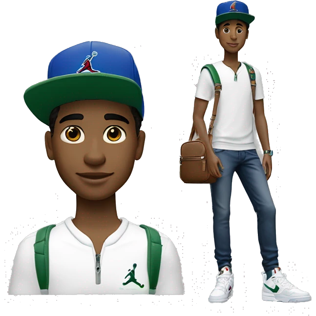Jeune garçon clair de peau avec un taper des Jordan 4 un outfit américain des bijoux pour homme et une sacoche Lacoste  emoji