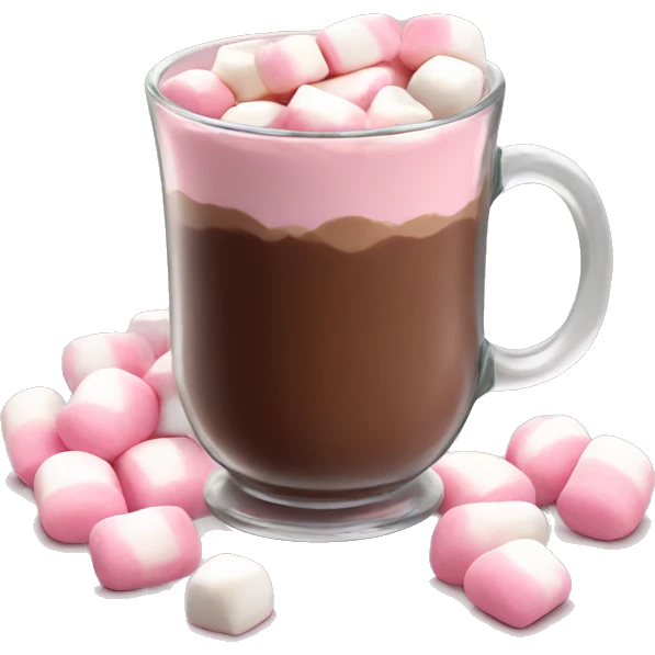 Hot chocolate in glass mug with lots of pink and white marshmallows emoji