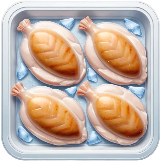 A pack of frozen chicken breasts inside a home freezer, sealed in clear plastic packaging with frost on the surface. The freezer shelves have other frozen items in the background, and cool white light reflects off the ice. Realistic photography, everyday kitchen scene. emoji