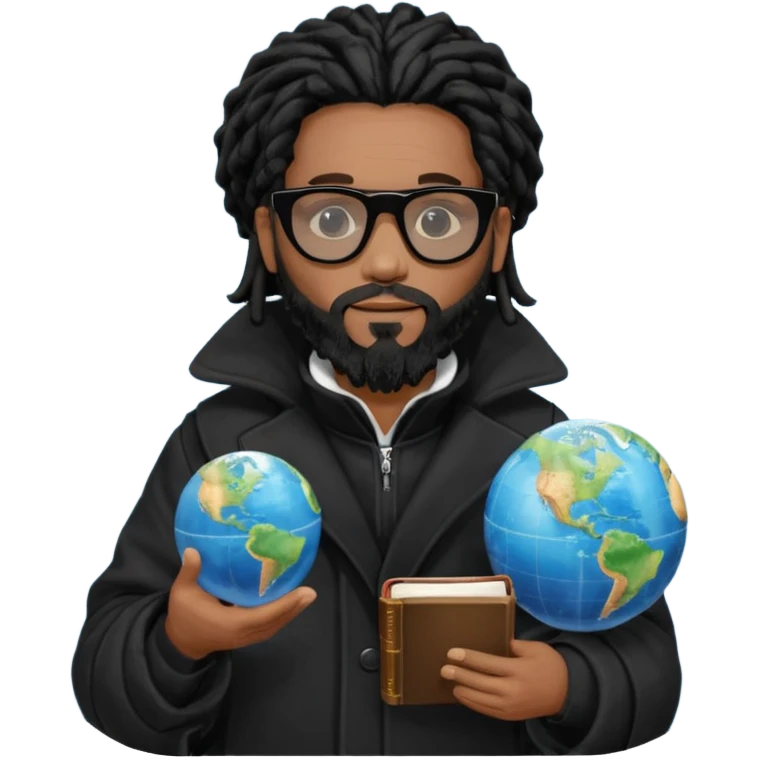 African American man with shoulder length black dreadlocks with black beard wearing black sunglasses wearing a black bubble winter coat holding a Bible and a Globe in his hands emoji