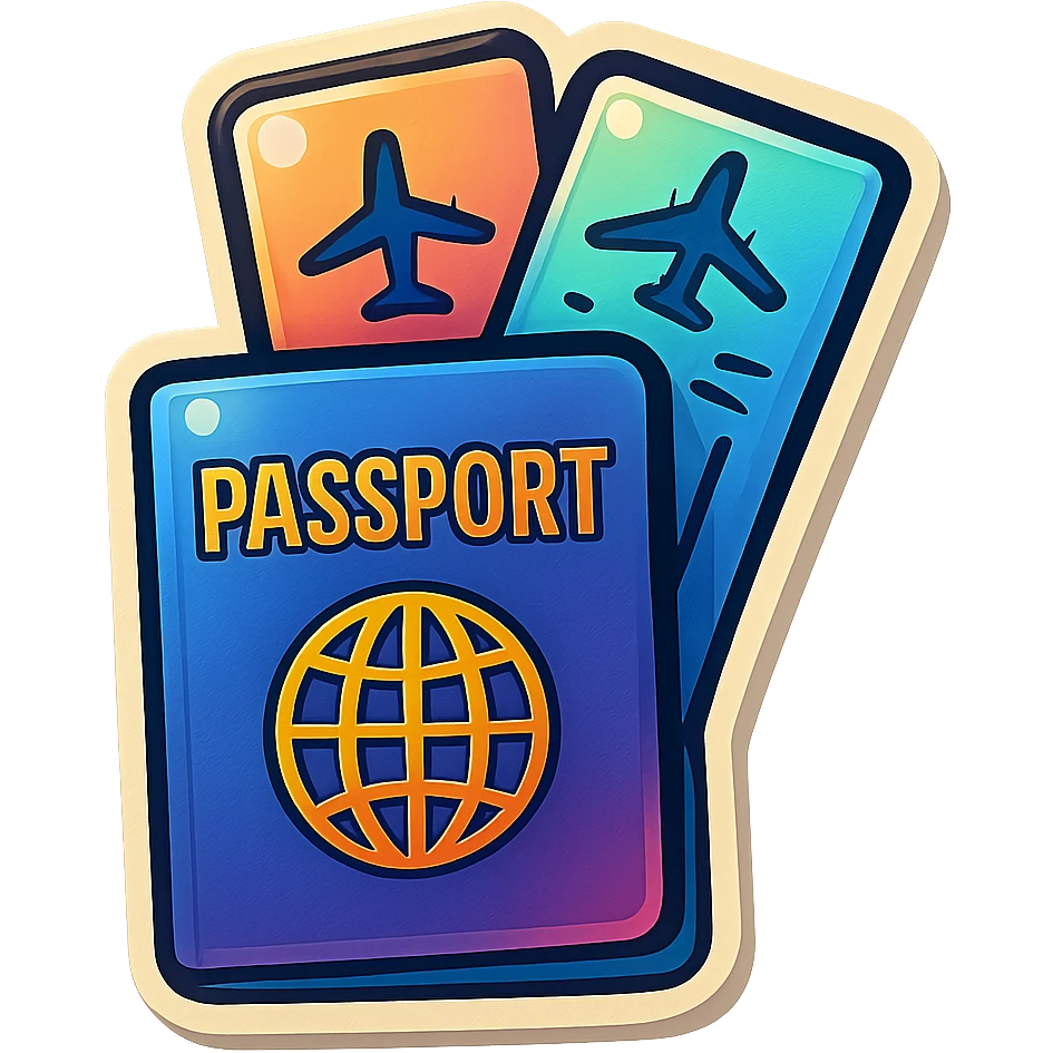 playful retro sticker-style illustration of a passport with two airline tickets fanned out from the top, bold outlines, smooth forms, and glossy expressive highlights emoji