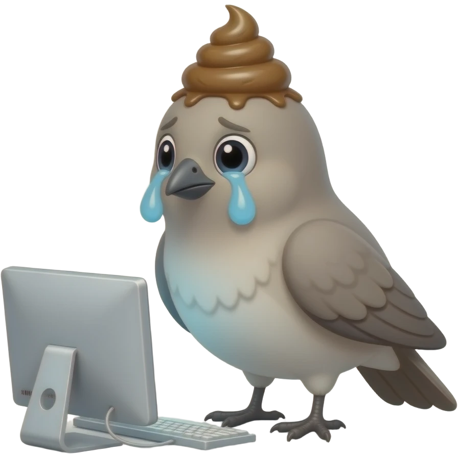 Create a shit bird emoji. It should have the body of a bird and a pile of poop as head. It should be sad and crying. The background should have a personal computer. emoji