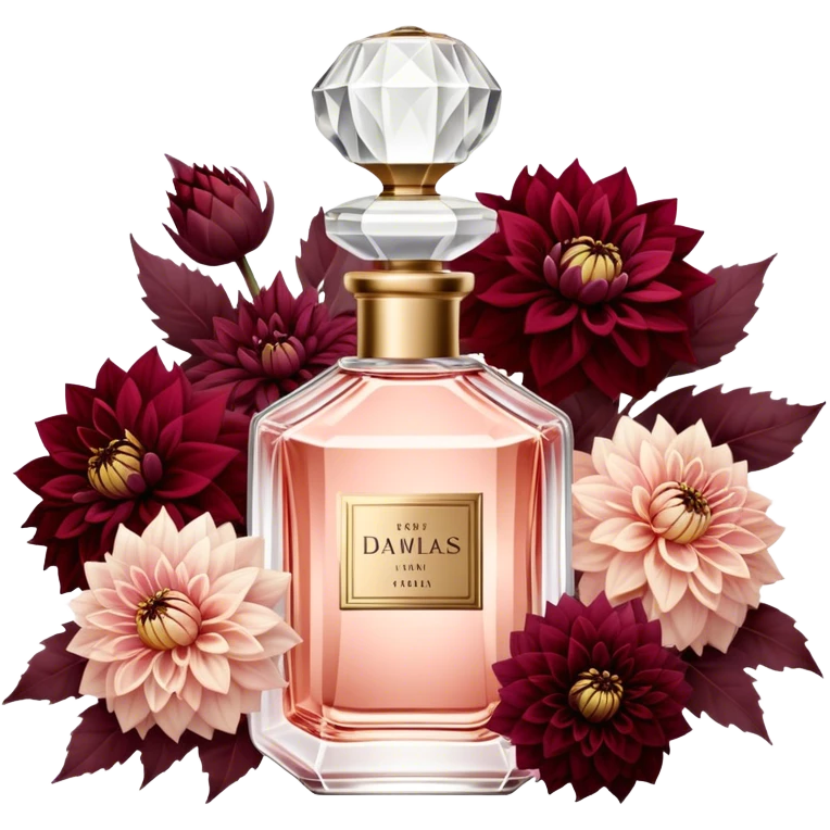 A luxurious glass perfume bottle in Soft Blush with a delicate vintage design, surrounded by a rich arrangement of Scarlet and Burgundy Dahlias, reflecting the beauty of deep red hues. emoji