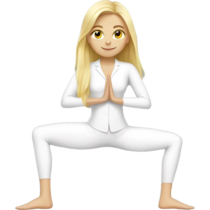 Blonde girl doing yoga in white suit  emoji