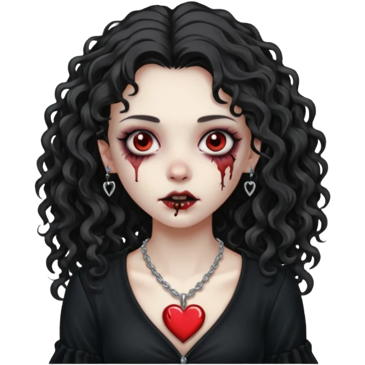 a zombie girl with a scar on her face, long curly hair, wearing a black blouse and a silver necklace with a heart pendant. emoji