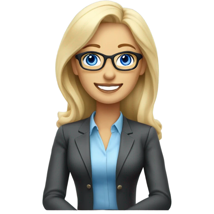 Corporate blonde boss lady with glasses happy blue eyes sitting at a desk emoji