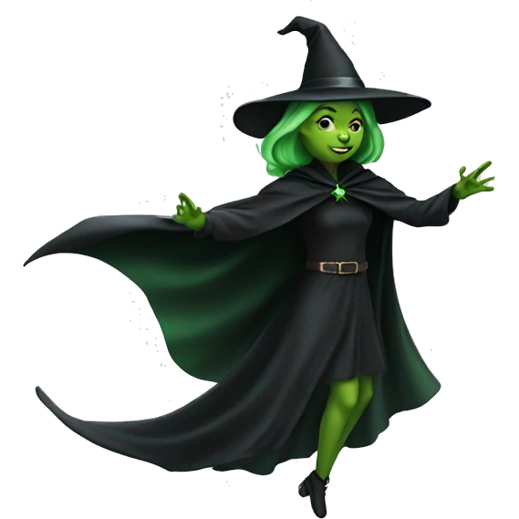 Flying green witch with black cape emoji