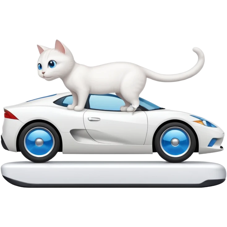 Please create a small emoji the size of 🚗 featuring a pure white cat with blue eyes on a white car side angle. emoji