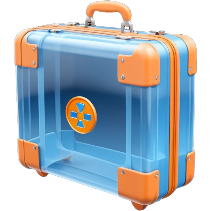 3D render of Suitcase Scan, X-Ray imaging aesthetic, translucent materials showing internal structure, orange and blue airport security style scan of a bag, medical scan style, emoji style, isolated on white background --v 6.0. emoji