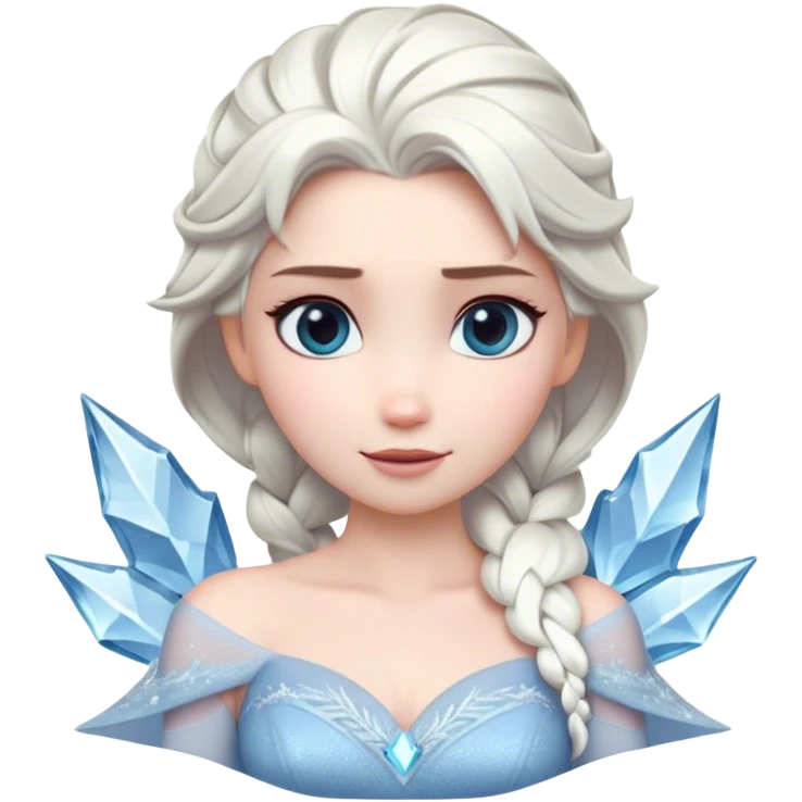 Cinematic Timeless Snow Queen Portrait Emoji, rendered in a clean, vector style. Depict Elsa with icy pale skin, intricately styled platinum hair, and a serene, regal expression, dressed in a minimalist ice-blue gown. The design features bold, simplified shapes, a soft, drowsy crystalline glow, and a subtle glowing outline, capturing the essence of timeless, majestic winter beauty. emoji