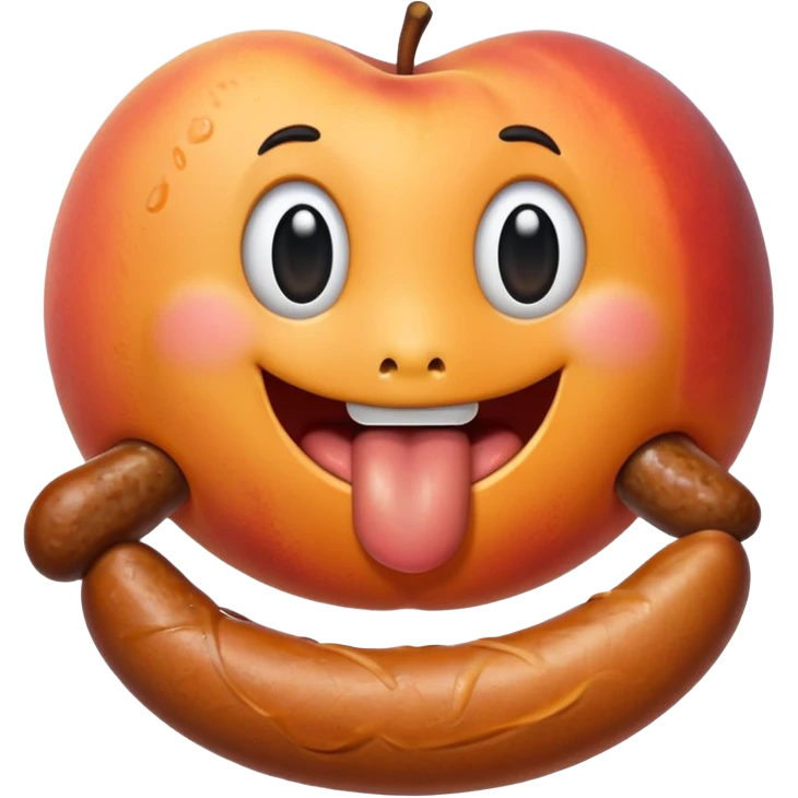 A peach with handmarks with a big bratwurst in his mouth emoji