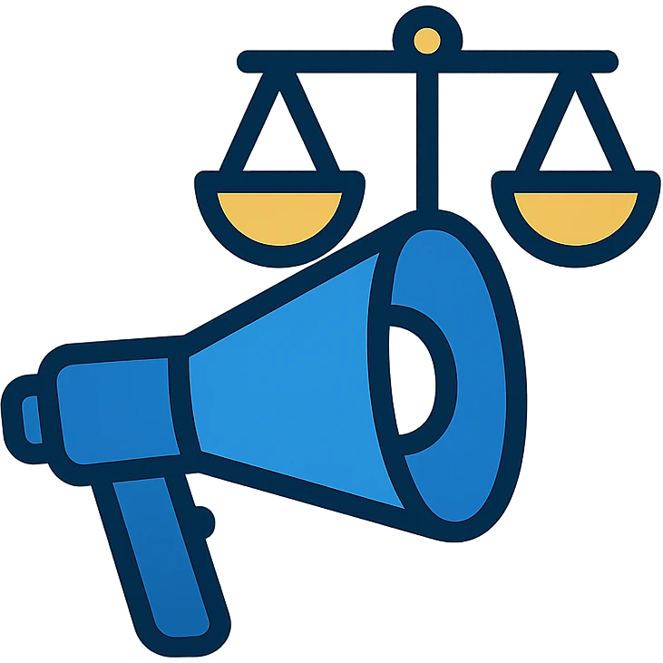 minimalist icon for advocacy consulting firm, stylized megaphone and scales of justice, navy blue white gold accents, symbolizes empowerment influence positive change emoji