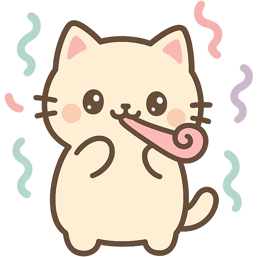 a happy cat with a party horn and streamers, cute kawaii style emoji