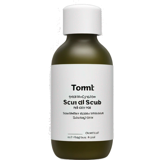 bottle of scalp scrub with label emoji