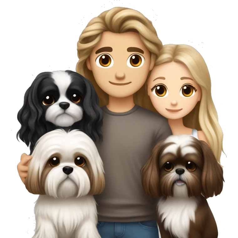 A couple, one very beautiful white  girl with very long volume hair brown and blond and one white boy with perfect brown hair that hugs her and also hugs two little dogs shih tzu black and white emoji