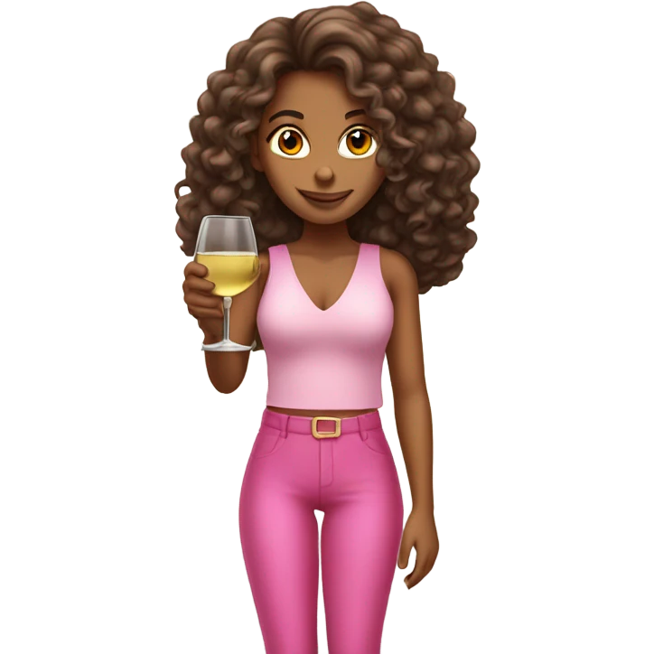 tanned girl long curly hair wearing pink holding white wine emoji