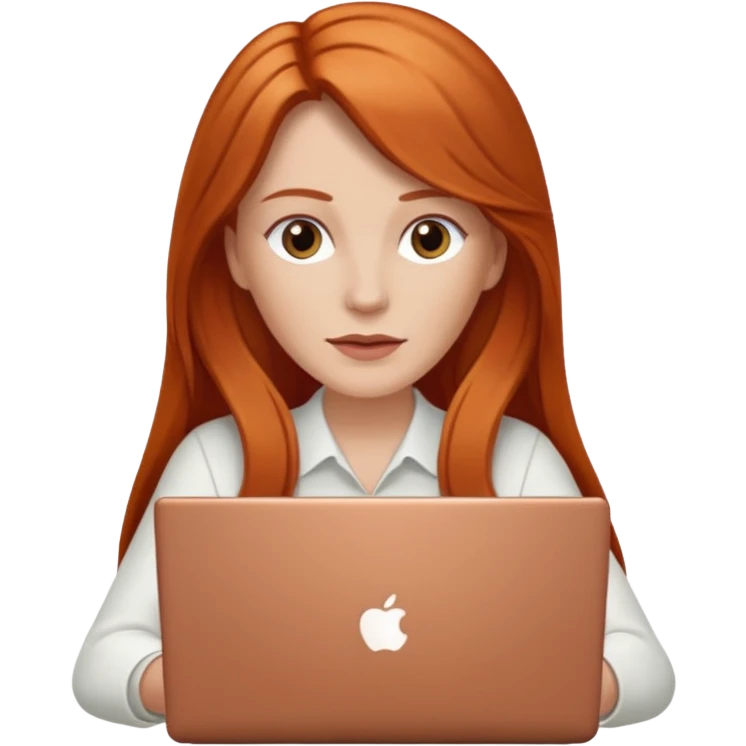 Chica blanca con cabello cobrizo largo vestida de blanco en laptop emoji