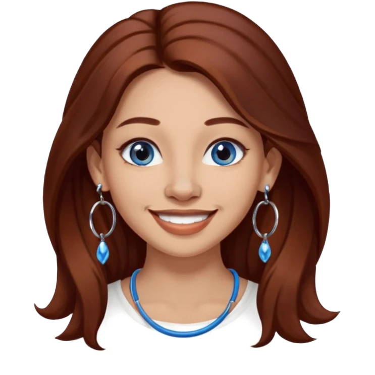 Create a custom emoji-style character inspired by a smiling woman with long dark reddish-brown hair, light skin tone, dark blue eyes, a nose piercing on each nostril, and hoop earrings. emoji
