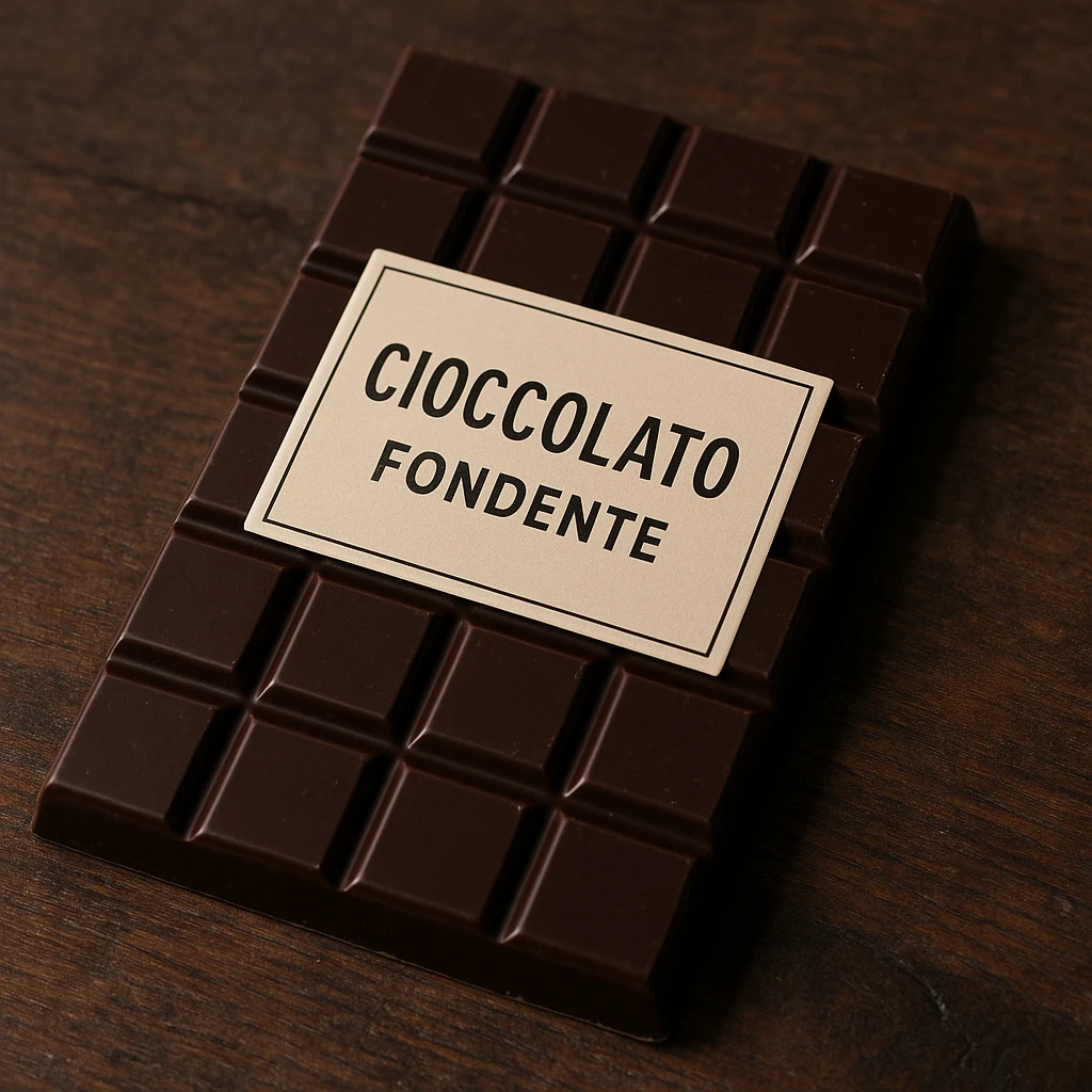 photo realistic dark chocolate bar with the label 'cioccolato fondente' in Italian emoji