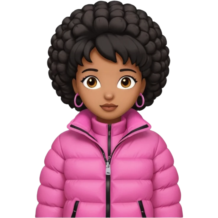 A brown skin  skinned girl that’s has puffy black hair with her hair up in a puffy hairstyle and skinny and wears a pink puffer coat emoji