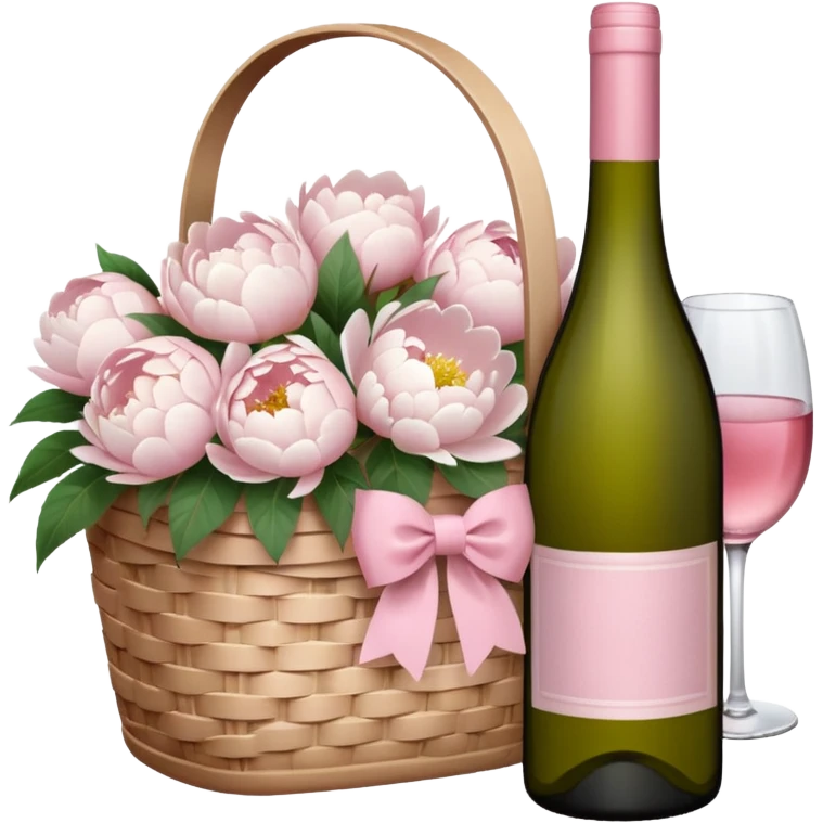 White Picnic basket with light pink bow and white peonies and a pink wine bottle inside emoji