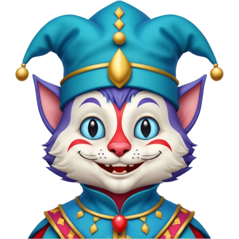 crazy colorful cute little cat jolly joker from poker, medieval, vintage, court jester, mac os icon, blue color, half body emoji