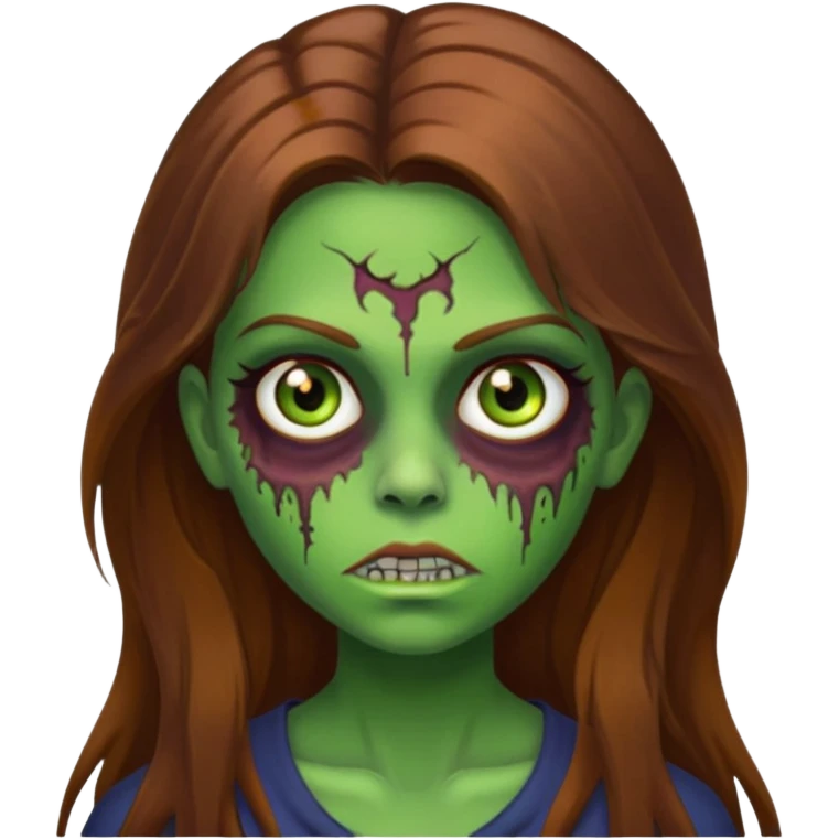 girl with long brown hair, hazel eyes, and green skin as a zombie emoji
