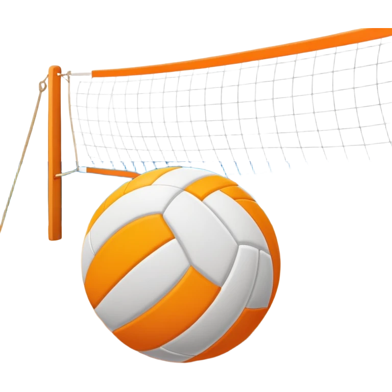 The scene captures a sunny beach atmosphere with clear blue sea and sky, palm trees swaying, and people in swimsuits enjoying the vibrant surroundings. A volleyball resting on the orange sand ground of a beach, with a volleyball net in the background.  emoji