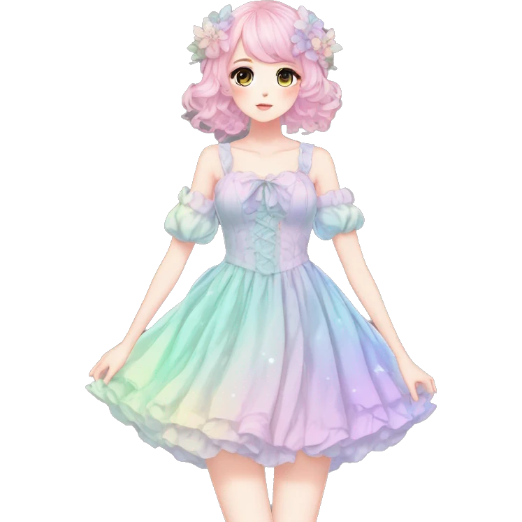 gorgeous pretty attractive anime lady beautiful pastel-gradient hair with gorgeous dress fairycore cottagecore pastelcore detailed high quality trending VOGUE aesthetic full body emoji