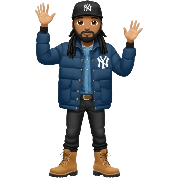 African American man with shoulder length black dreadlocks with black beard wearing a black New York Yankees logo baseball cap wearing a black bubble winter coat wearing denim skinny jeans and Timberland boots with on hand in his pocket and on hand raised emoji