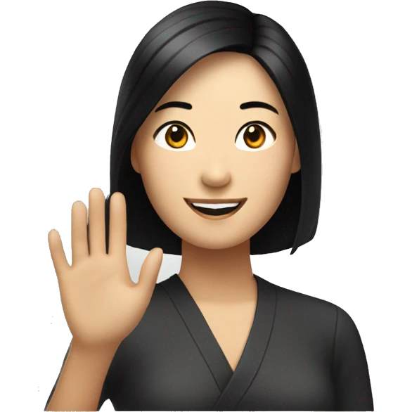 A smiling Asian woman with black bobbed hair raising one hand. emoji