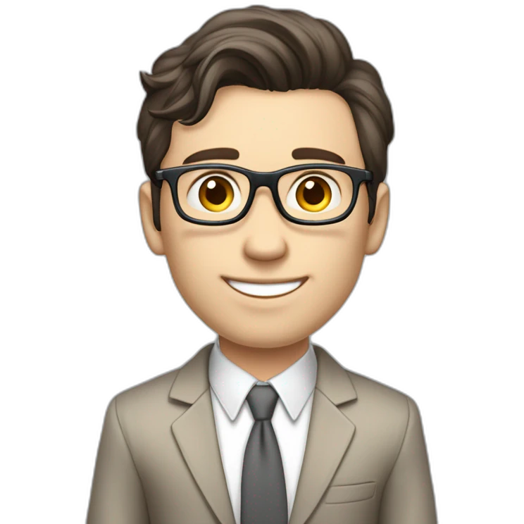 Pale skinned fit man with dark brown hair in gray jacket, beige office shirt, brown tie, brown pants and vintage glasses Writing text on the flipchart emoji
