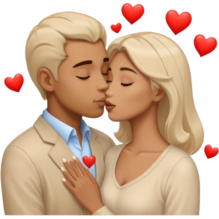 A man in pale beige clothes and a woman in pale beige clothes are kissing with white hearts emoji