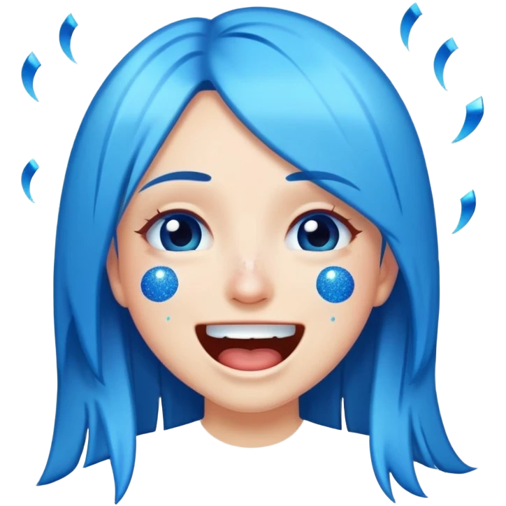 Girl with straight, long, blue hair and glitter making the cry laughing emoji face emoji