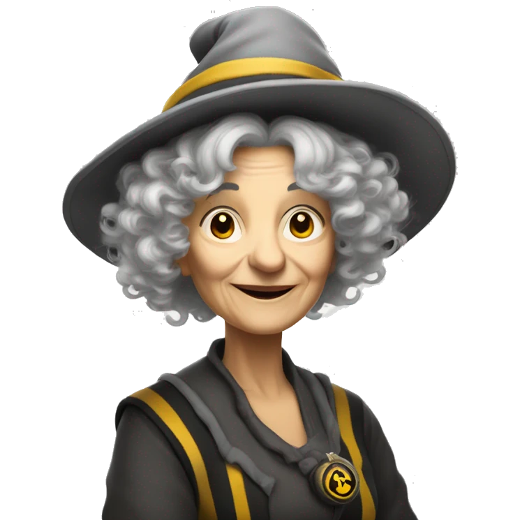older woman with white skin, grey curly and wild hair, with a magic hat, hufflepuff emoji