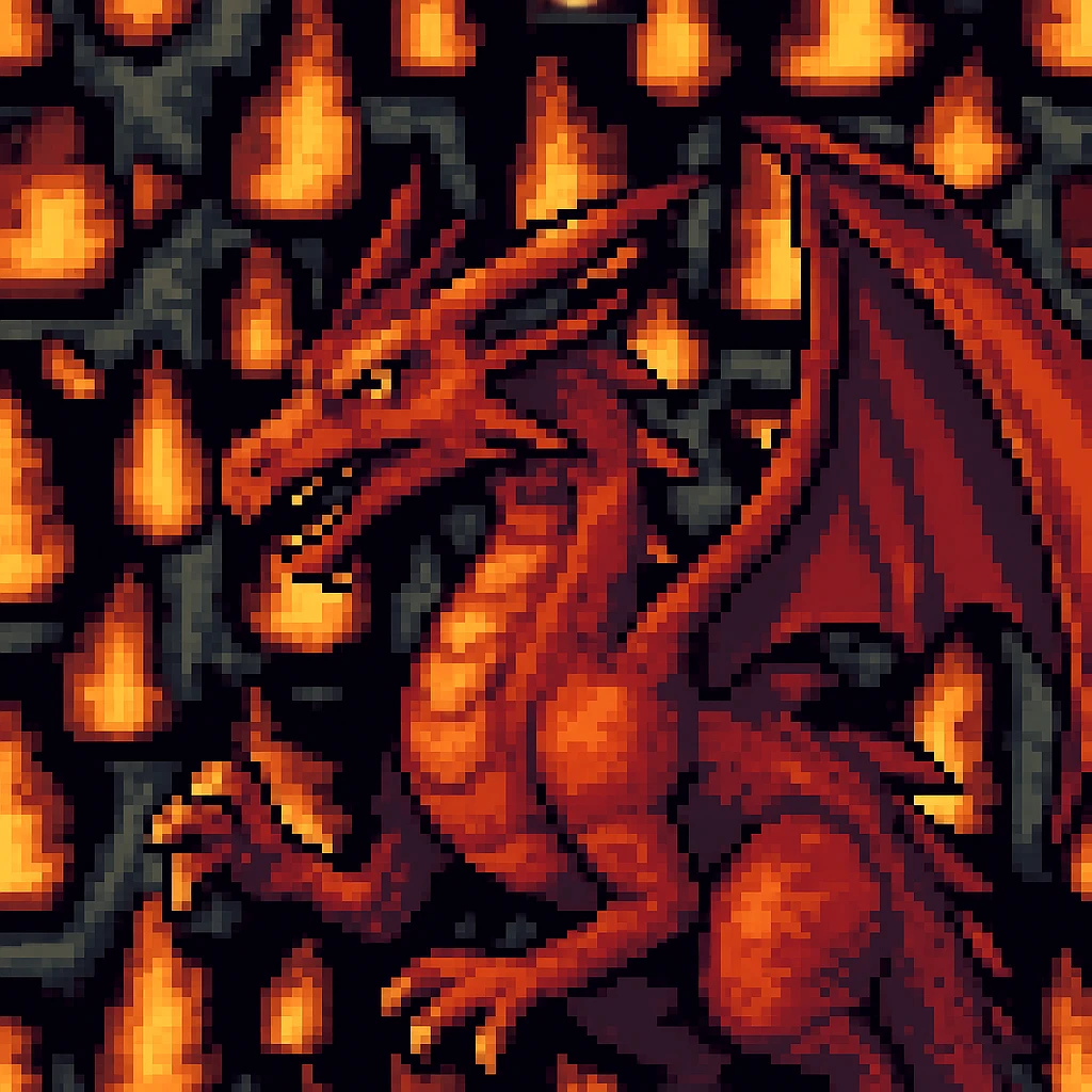 Add a pixel art style dragon to the scene, keep all original colours and lighting emoji