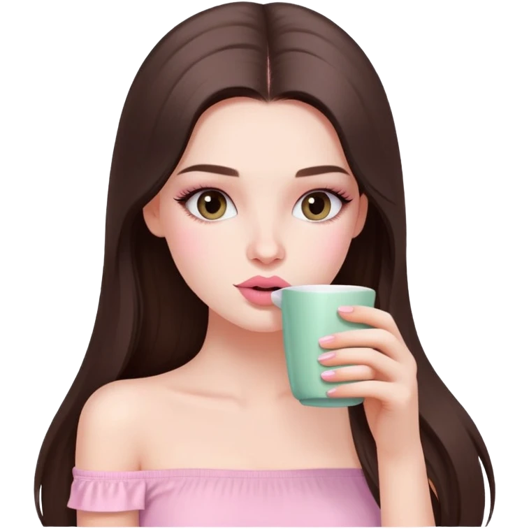 sexy pale girl, very full lips, long straight brunette hair, long lashes, pastel pink tube top, sipping tea  emoji