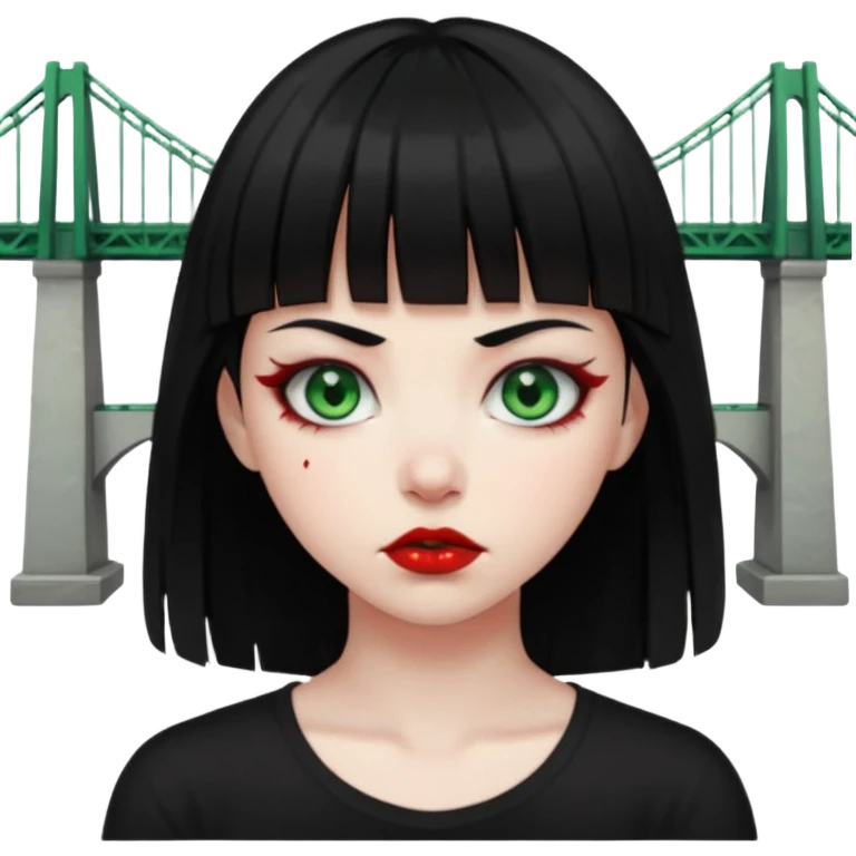 Guria com cabelo preto franjinha sangrando olhos verdes  fundo preto e um piercing bridgepiercing emoji