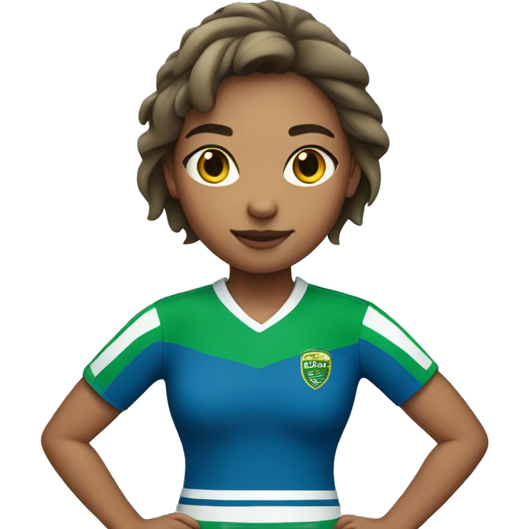 Girl wearing blue rugby sweater with two green stripes at the bottom emoji