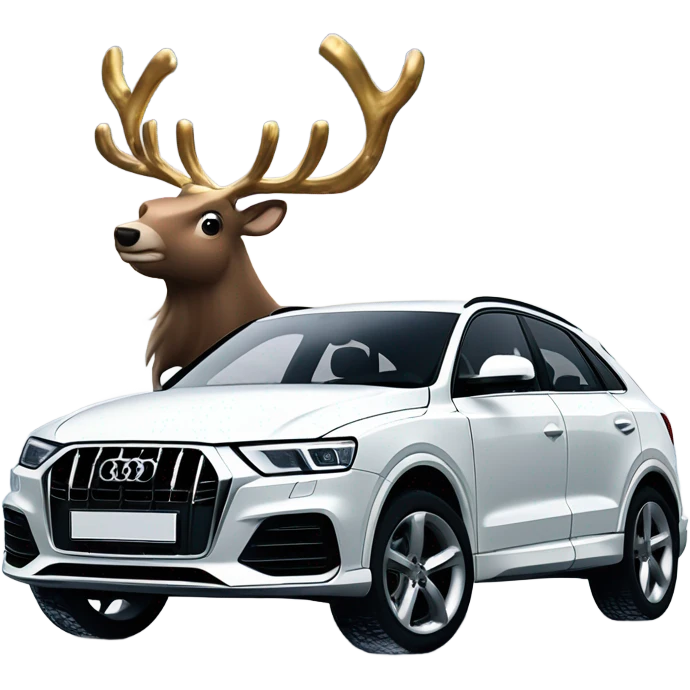 A sleek white Audi Q3 with shiny rims and modern headlights, parked in a snowy setting with a reindeer standing beside it, wearing a red collar with golden bells. emoji