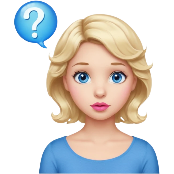 Girl Blonde short wavy hair,  blue eyes, cute blue top, long lashes, pink lips, question mark bubble emoji