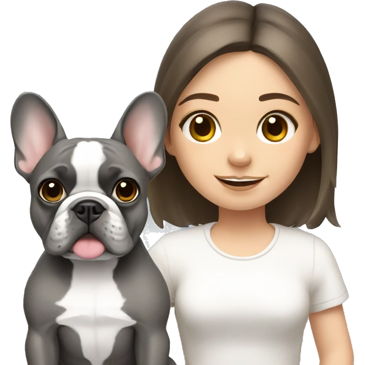 grey french bulldog with brunette girl emoji