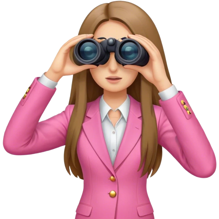 woman with long hair in a pink suit looking through binoculars, front view emoji