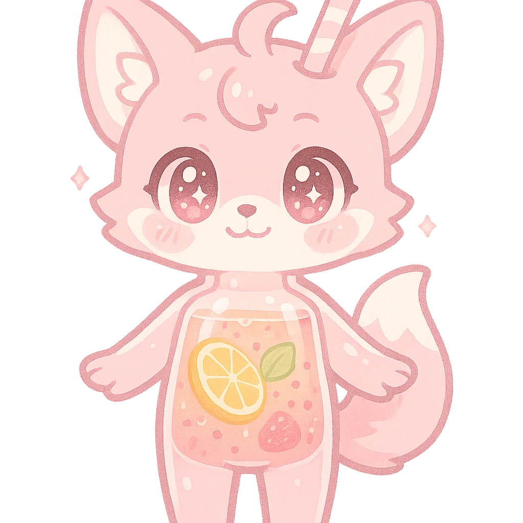 full-body chibi pastel pink fox-blender hybrid with transparent body showing a fruity smoothie inside, sparkling eyes, transparent background emoji