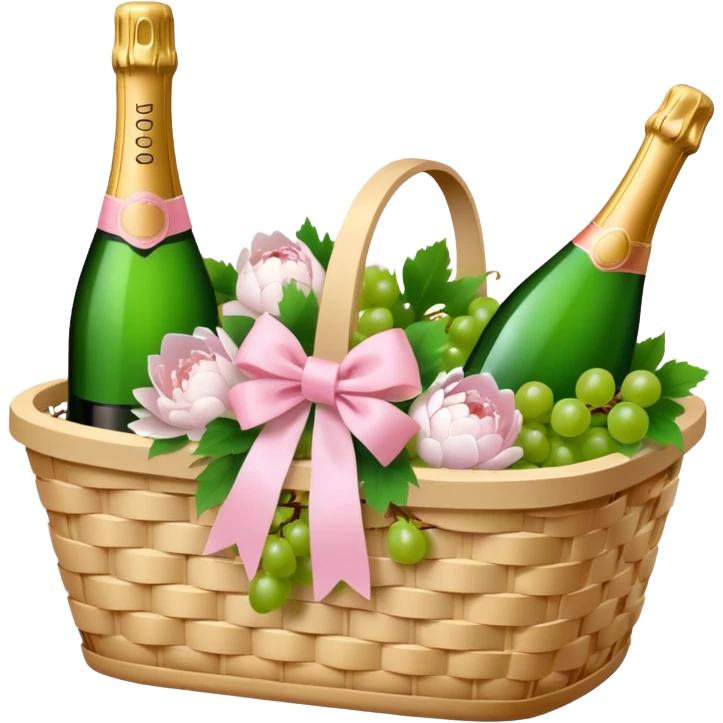 White Picnic basket with light pink bow, white peonies, grapes and one pink champage bottle inside emoji