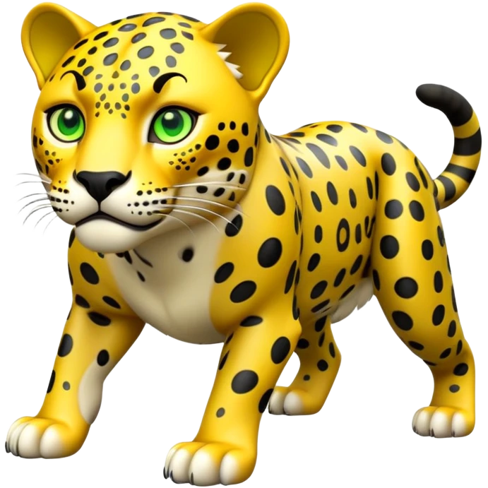 cinematic-jaguar-realistic-full-body-on all fours-emoji,-powerful-frame-poised-for-action,-yellow-fur-adorned-with-bold-black-rosettes,-head-tilted-dramatically,-piercing-green-eyes-locked-onto-its-prey,-simplified-yet-realistic-focused-features,-highly-detailed,-glowing-with-an-almost-sarcastic-glow emoji