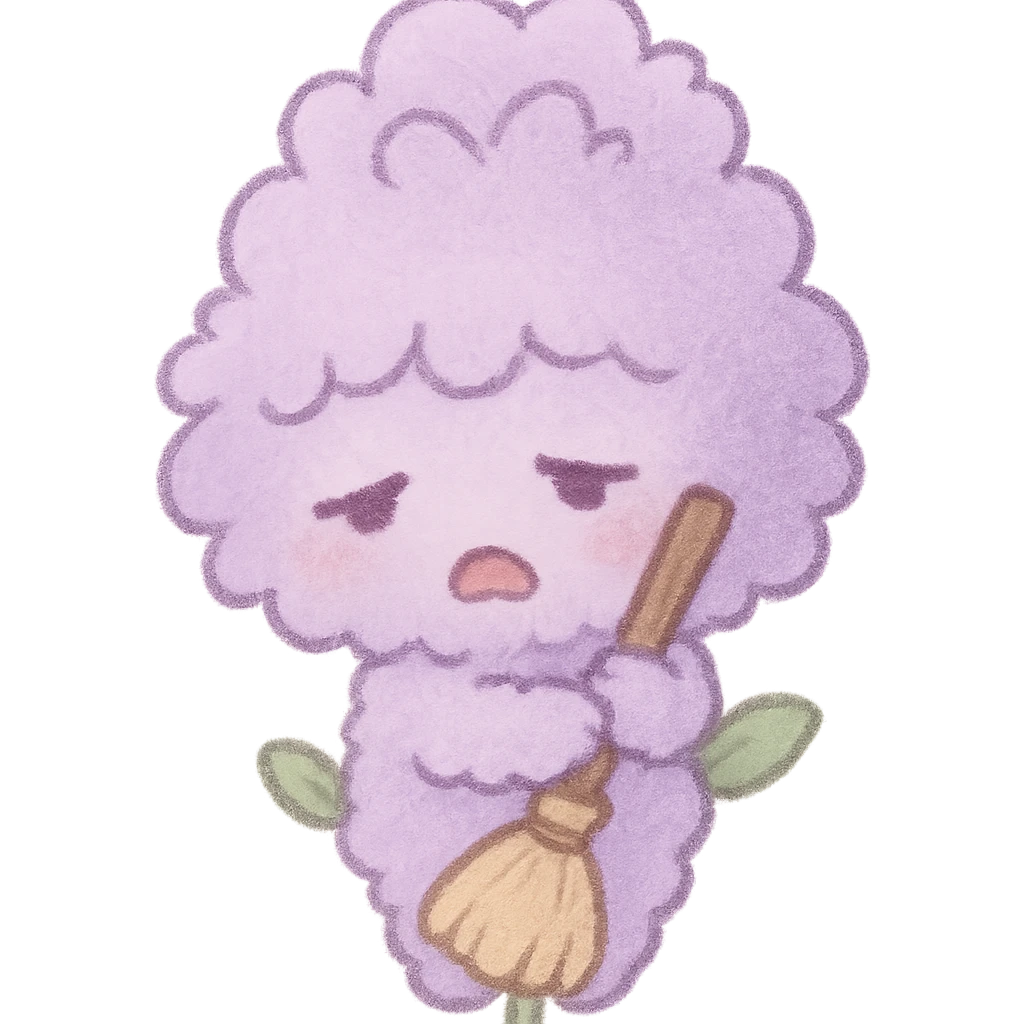 chibi fluffy style soft lavender flower in gentle purple, hugging a small broom, with an exhausted expression, full-body emoji