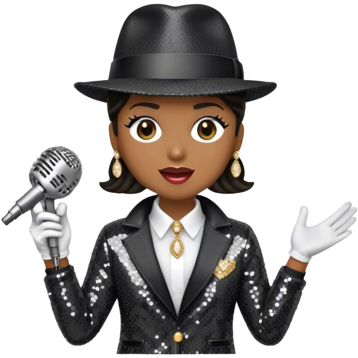 Create a dynamic emoji representing pop vocal performance with a vintage microphone as the centerpiece, surrounded by iconic elements of Michael Jackson's stage attire. Include the signature black sequined jacket, white gloves with rhinestones, and a fedora hat placed next to the mic, evoking the style and energy of classic pop performances. Add subtle sparkles or light effects around the microphone and the clothing to reflect the glamorous, energetic atmosphere of a pop concert. Use bold colors like black, silver, and gold to convey the showmanship and sophistication of pop music. The background should be transparent. emoji