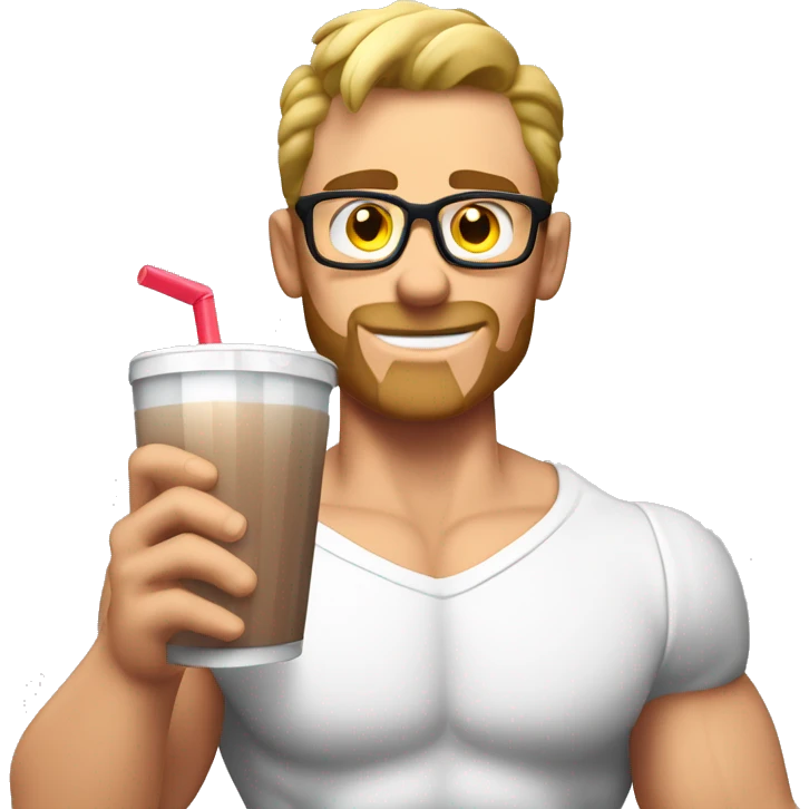 caucasian white muscled guy drinking a protein shake, half body shirtless, wear glasses emoji