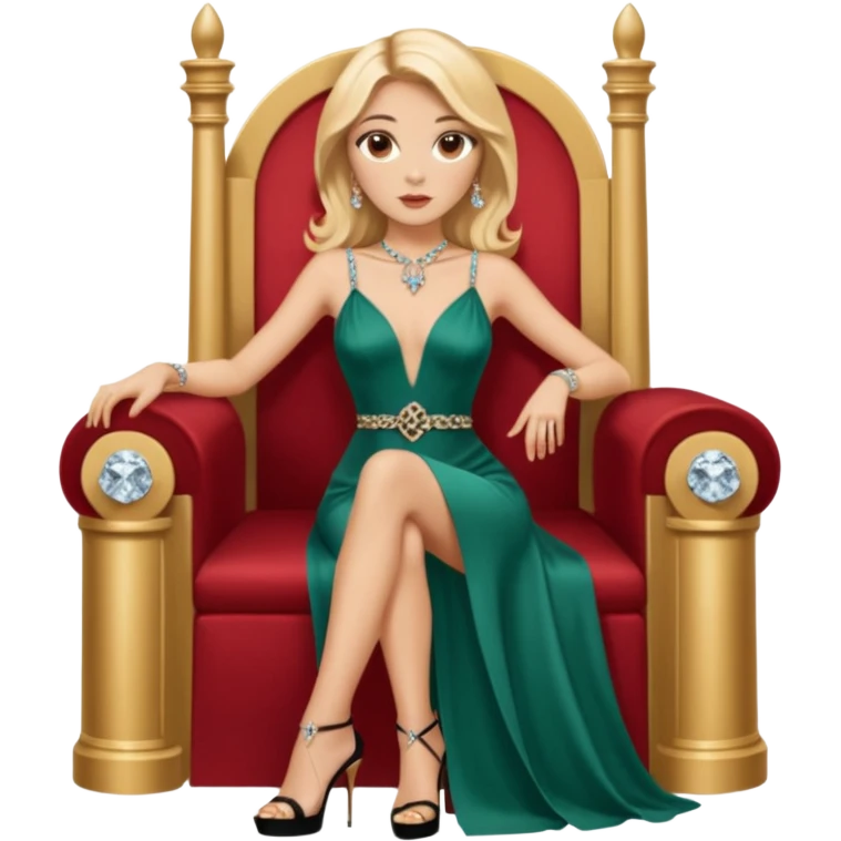 Lilith symbol light brown eyes. Woman of justice and power. Shoulder  length blonde haired  woman with Gucci, and designer bags next to her. Wearing long elegant dress with slit, sitting on a throne and diamonds everywhere around her. Black Platform high heels on feet. designer bags around her.  emoji